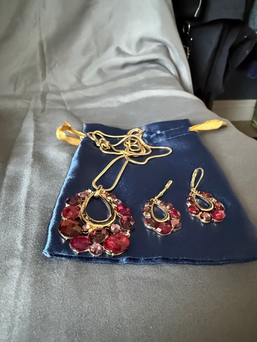 Gold-Tone Pink Gem Teardrop Necklace & Earrings Set